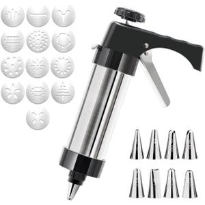 Cookie Press Gun Kit - Home & Kitchen Spritz Cookie Maker with 13 Discs + 8 Icing Nozzles for Christmas & Party Baking