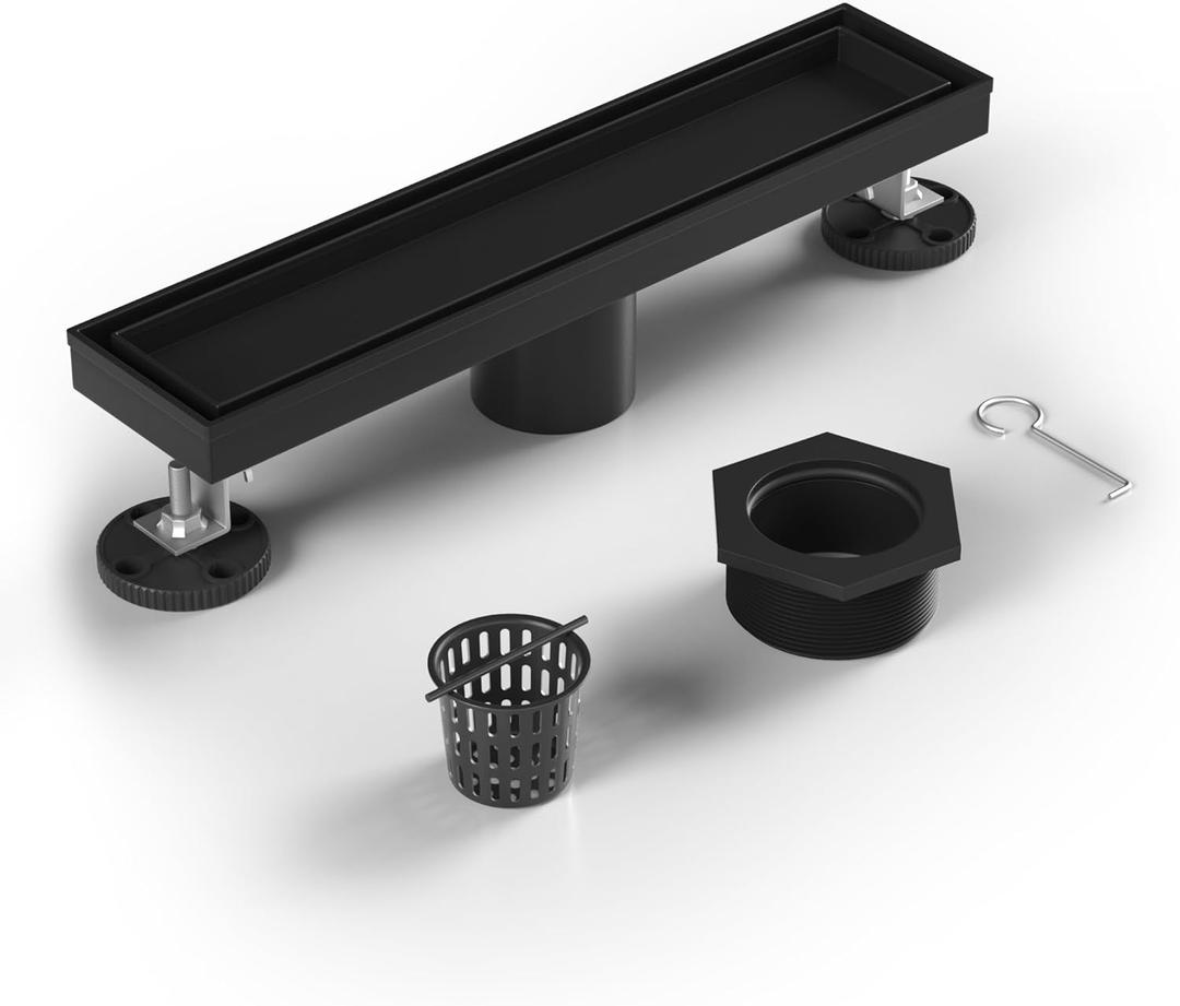 Linear Shower Drain 12" Matte Black 304 Stainless Steel | Fast Drainage | Tile Inserted | Stainless Floor Drain Grate | Hair Strainer | Drain Key | The Upgrade for Your Bathroom