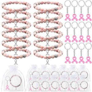 Nosiny 36 Pcs Breast Cancer Awareness Gifts Accessories Women Breast Cancer Awareness Bracelets Pink Ribbon Keychains Rhodochrosite Bead Bracelets for Charity Fundraiser Campaign Inspirational Gifts