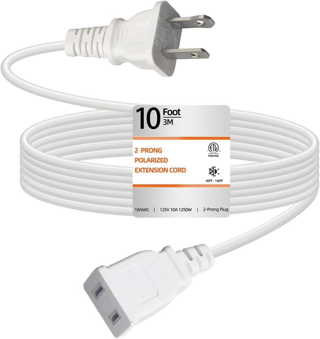 10 Feet Extension Cord White Flat Thin Flexible 2 Prong Long Polarity Power Cord 1250W 10A for Indoor Outdoor Use with Single Outlet for Holiday Lights, Lamps, Cameras, Appliance ETL Listed (1 Pack)