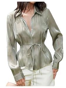 SOLY HUX Women's Button Down Chiffon Shirt Long Sleeve Belted Elegant Blouse Top Office Outfit Plain Green Large