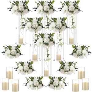 Daifunli 6 Set 20 Inch Tall Acrylic Vase Stand Wedding Centerpieces Holder with Artificial Flower Balls and LED Lights Candles for Wedding Party Table Home Decorations