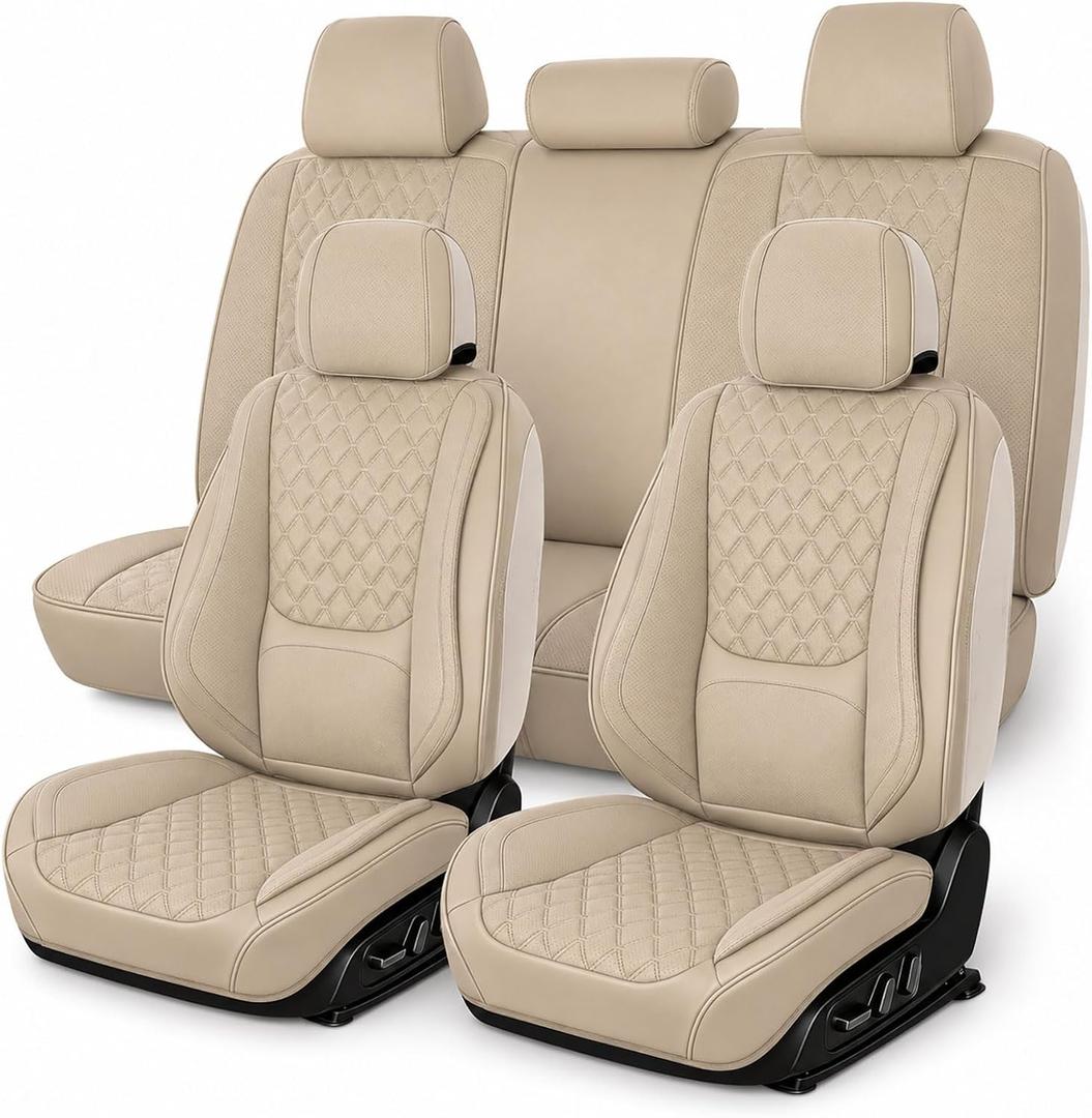CAR SEAT COVERS, PREMIUM NAPPA LEATHER SEAT COVERS FOR CAR, FULL SET | 5-SEAT WATERPROOF WITH LUMBAR SUPPORT, BREATHABLE PERFORATED DESIGN, AIRBAG COMPATIBLE, EASY TO CLEAN FOR CARS, SUVS, AND TRUCKS.