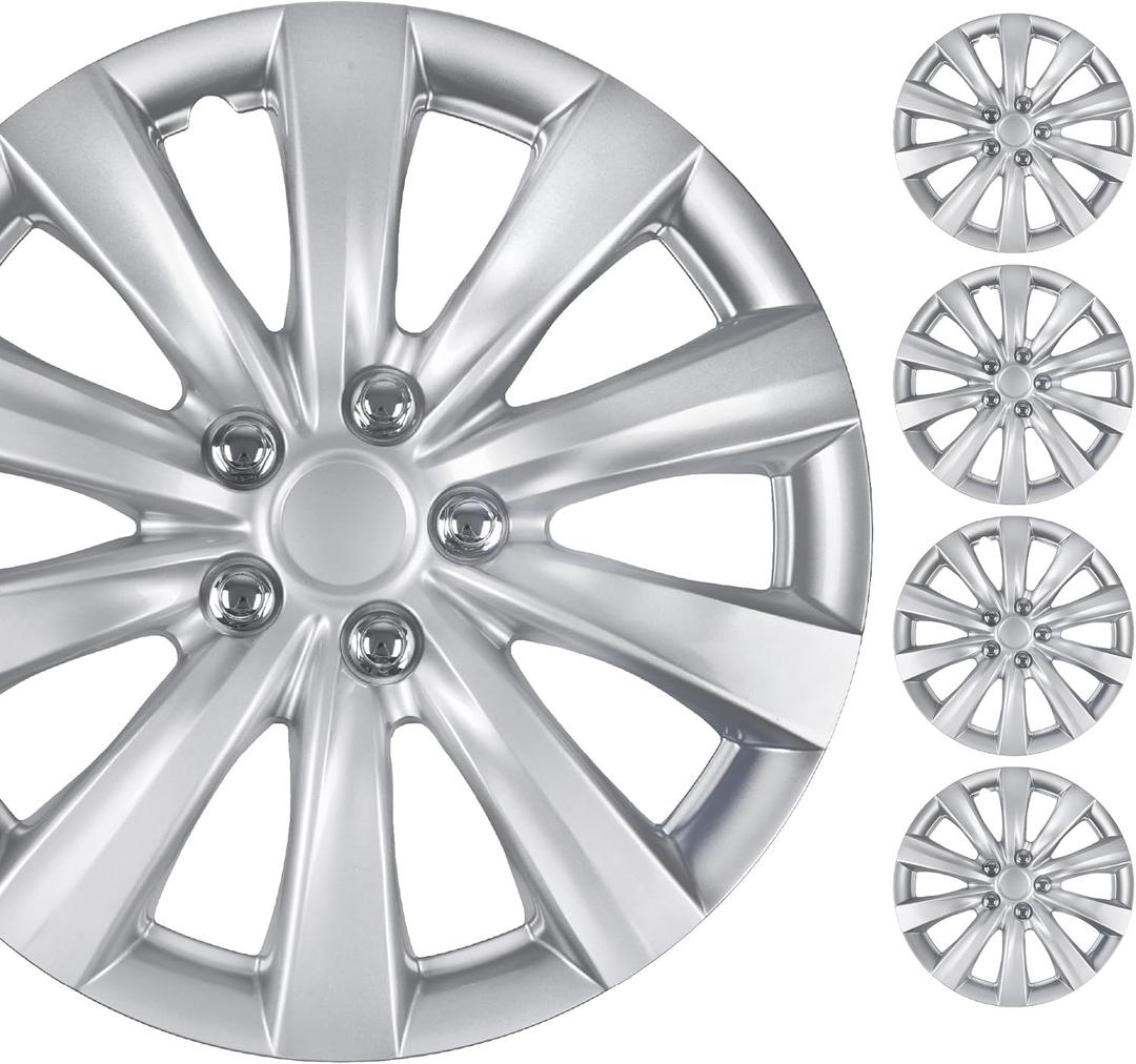BDK 16 Inch Hubcaps Set of 4 - OEM Replacement Snap-On Wheel Rim Covers - Universal Fit Car Wheel Cover for Cars, Trucks, SUV, Vans Durable ABS Silver 10-Spoke Hub-Cap Car Accessories Exterior