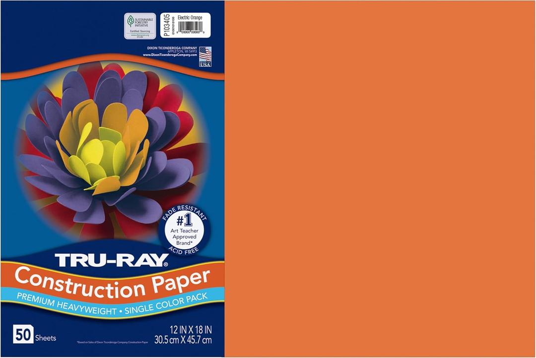Tru-Ray Heavyweight Construction Paper, Electric Orange, 12" x 18", 50 Sheets
