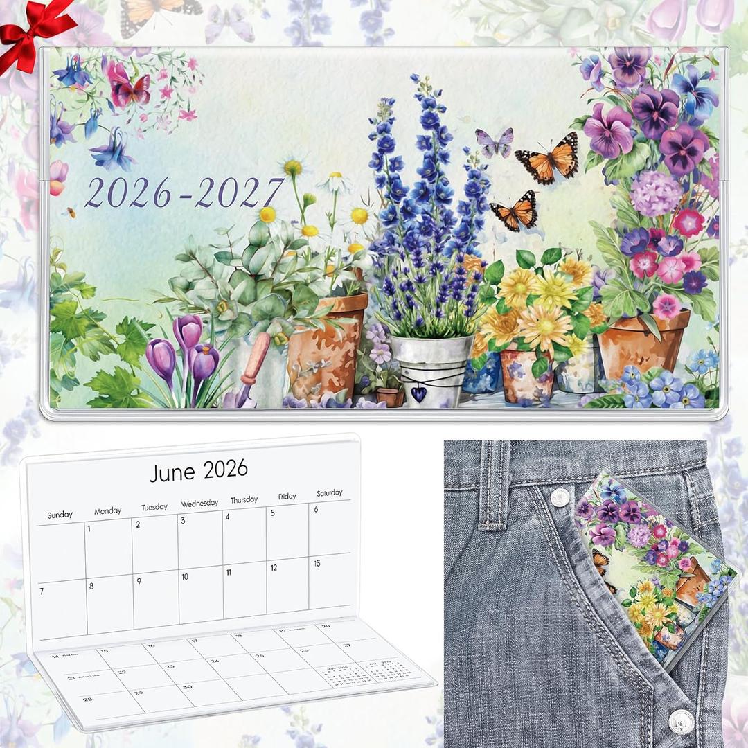 ReliThick 7" x 6.5" 2026-2027 Pocket Calendar for Purse Small Monthly Planner Notebook PVC Cover Pocket Calendar Notepads Appreciation Present Gift for Women Mom Friends Teacher(Watercolor Garden)
