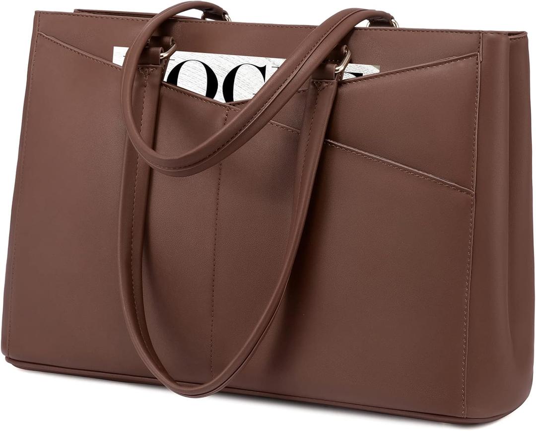 LOVEVOOK Laptop Bag for Women 15.6 Inch Tote Bags Waterproof Leather Briefcase Computer Women Business Office Work Bag, Dark Brown