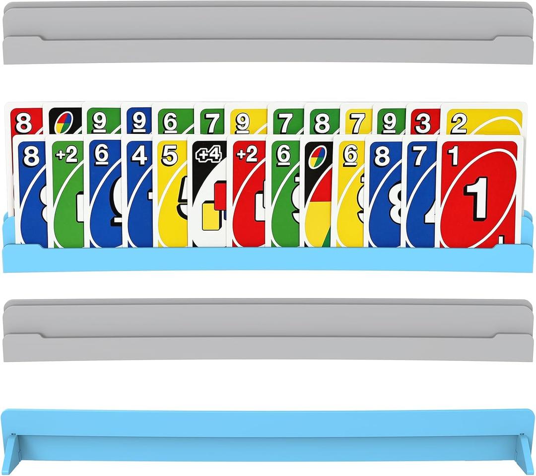 Set of 4 Playing Cards Holders for Seniors Adults  Multi-layer Holders with Foldable Stand for Elderly or Little Hands Playing Cards Game Bridge Canasta Strategy Foot and Hand UNO, Holidays Game Nights (2 Blue + 2 Grey)