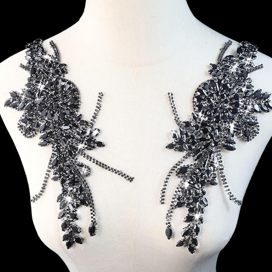 PEARLY JUN 1 Pair Rhinestone Beaded Applique Patches Black Iron on Handcrafted Hot Fix Clothing Diamond DIY for Evening Dresses Bridal Gowns Dance Costumes Embellishments
