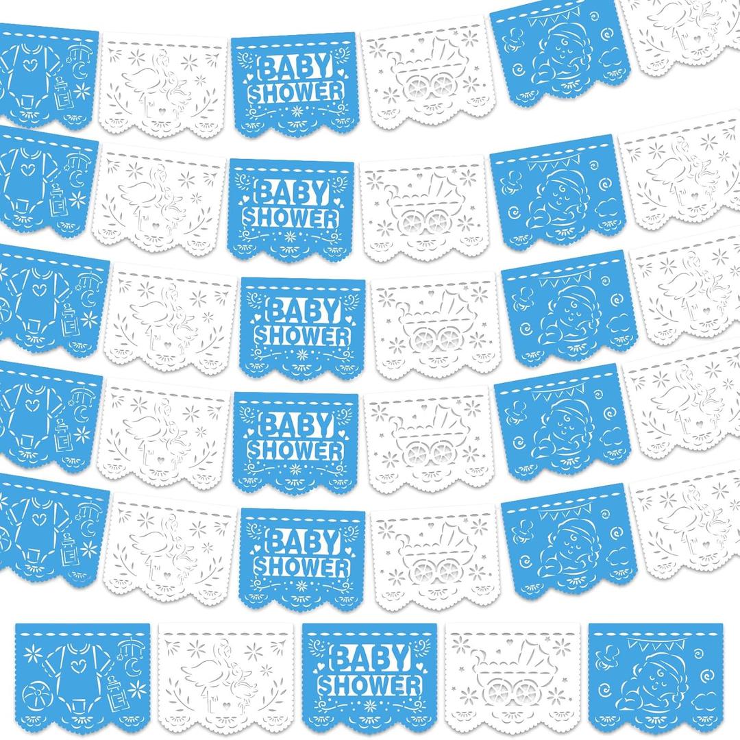 6 Pack 98.43 ft Baby Shower Papel Picado Mexican Banner Cielito Lindo Party Plastic Fiesta Banner Talavera Theme Decorations for Baby Shower Party Hanging(Blue and White)