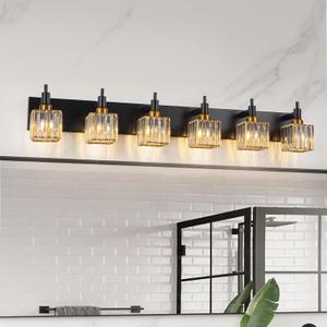 6-Lights Crystal Bathroom Vanity Light Black Gold Modern Bathroom Lighting Fixtures Over Mirror, Wall Light Fixtures (Black Gold-Square Shade)