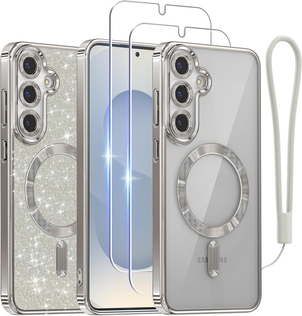 Meifigno Case Designed for Samsung Galaxy S25 6.2 inch, [Compatible with MagSafe] [2X HD Screen Protectors] [Glitter Card & Wrist Strap] Full Lens Protection Case for Galaxy S25, Icyblue