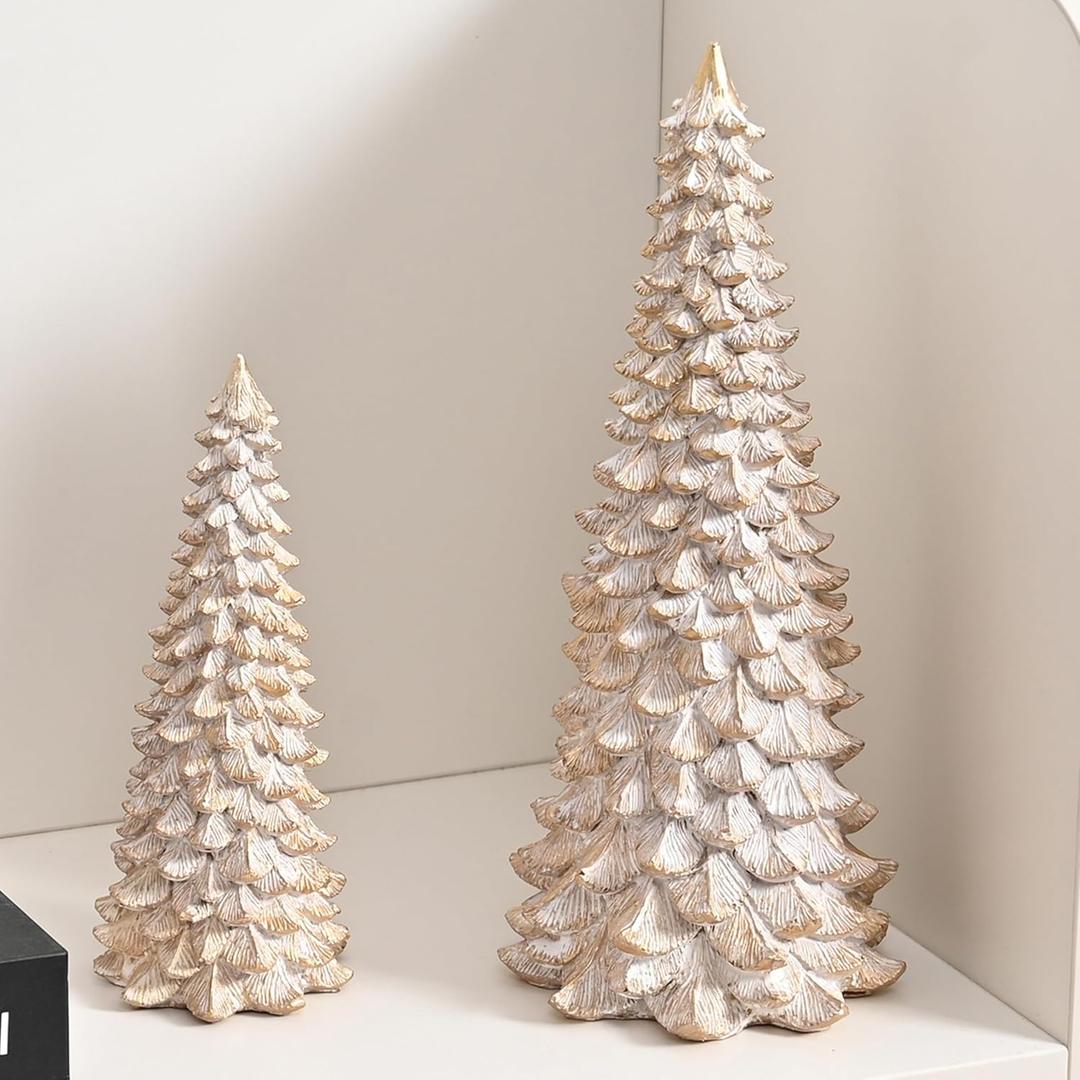 Resin Christmas Tree Figurines, 2Pcs Distressed White with Gold Table top Christmas Trees, Small Christmas Tree Figurine Set, Decorative Xmas Trees for Rustic Christmas Decor