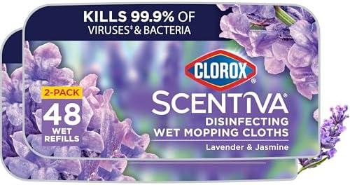Clorox Scentiva Disinfecting Wet Mop Pad, Disposable Mop Heads, Multi-Surface Floor Wipes, Lavender and Jasmine, 2 Packs, 24 Wet Refills Per Pack (Package May Vary)