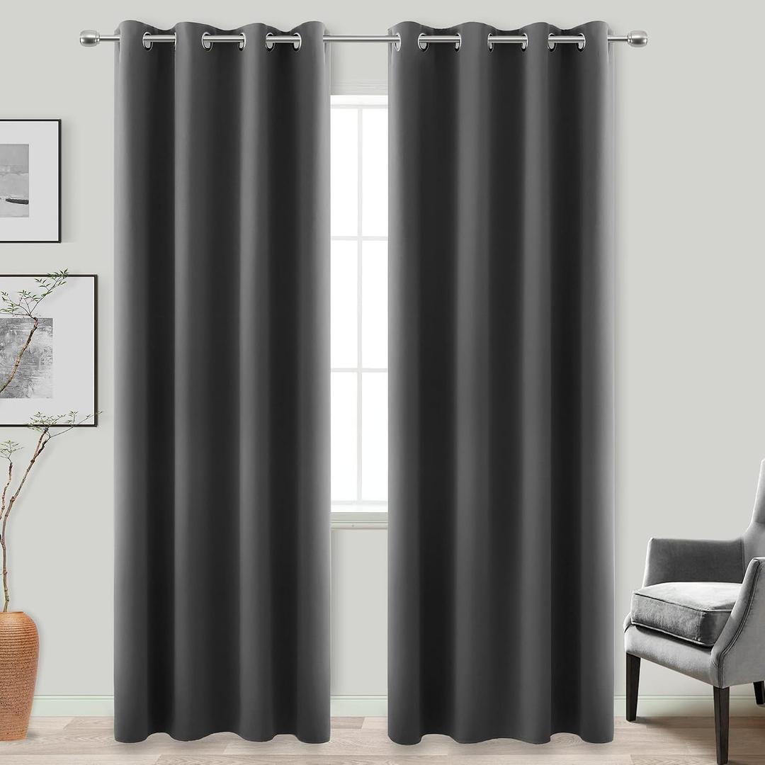 KOUFALL 92 Inch Blackout Curtains, Thermal Insulated Grommet Drapes for Bedroom Living Room, 52" W x 92" L 2 Panel Set, Dark Grey
