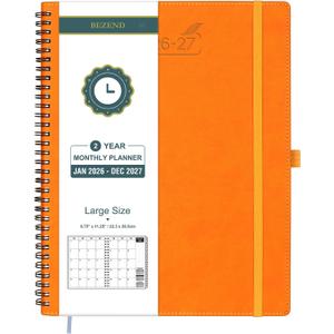 BEZEND Monthly Planner 2026-2027 (Spiral-8.5" x 11") 2 Year Calendar Book with Note Pages - Jan 26 to Dec 27-120 GSM Paper, Inner Pockets, Laminated Tabs, Vegan Leather Softcover - Orange