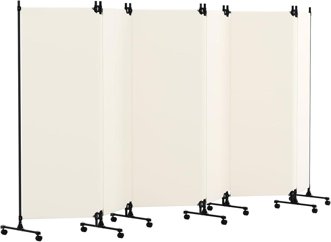 6 Panel Room Divider with Lockable Wheels, 147" W x 72" H, Beige