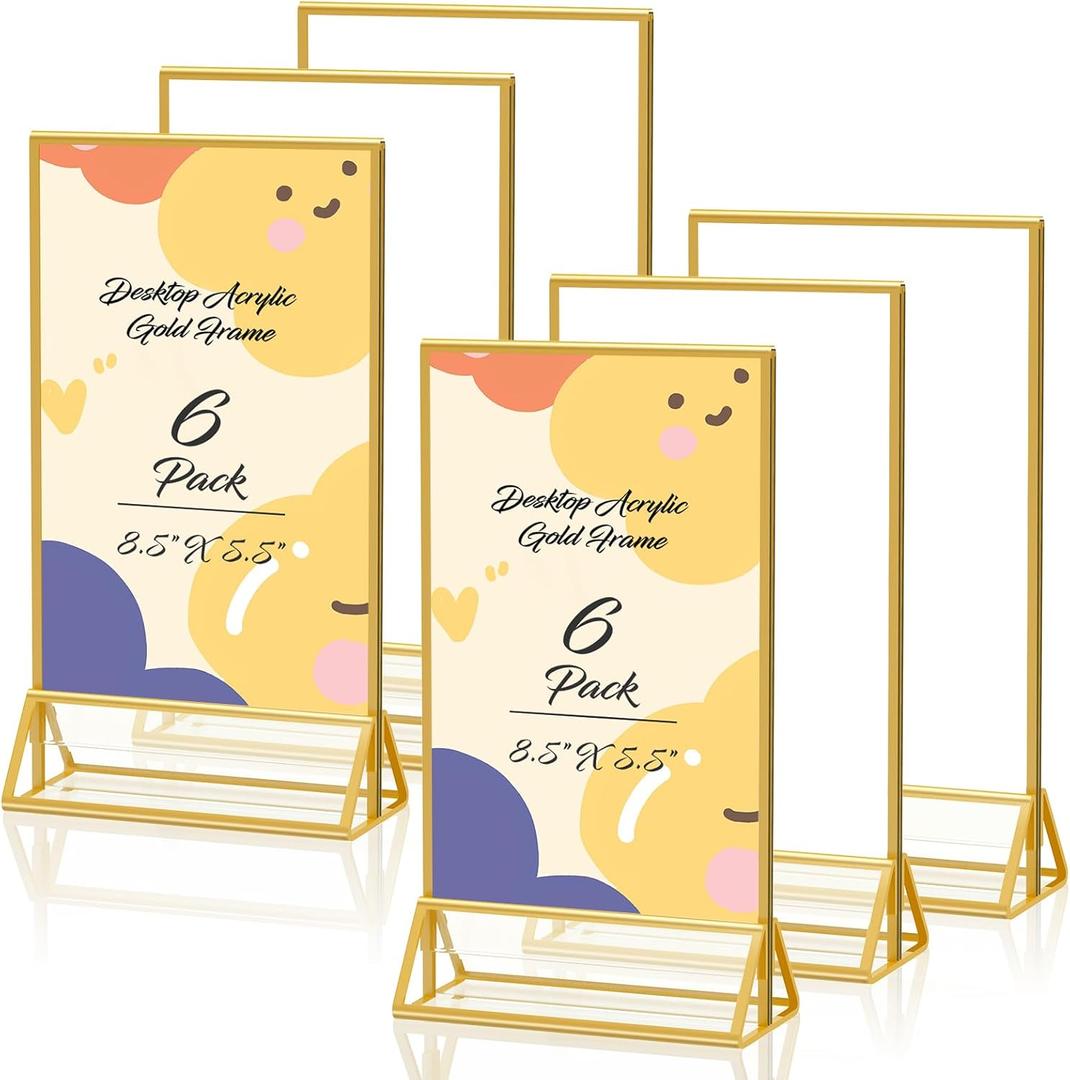 8.5 x 5.5 Acrylic Sign Holder with Gold Frame, Double Sided Display Stand Ideal for Display Wedding Table Numbers, Picture, Flyer Menu Holder, 6 Packs
