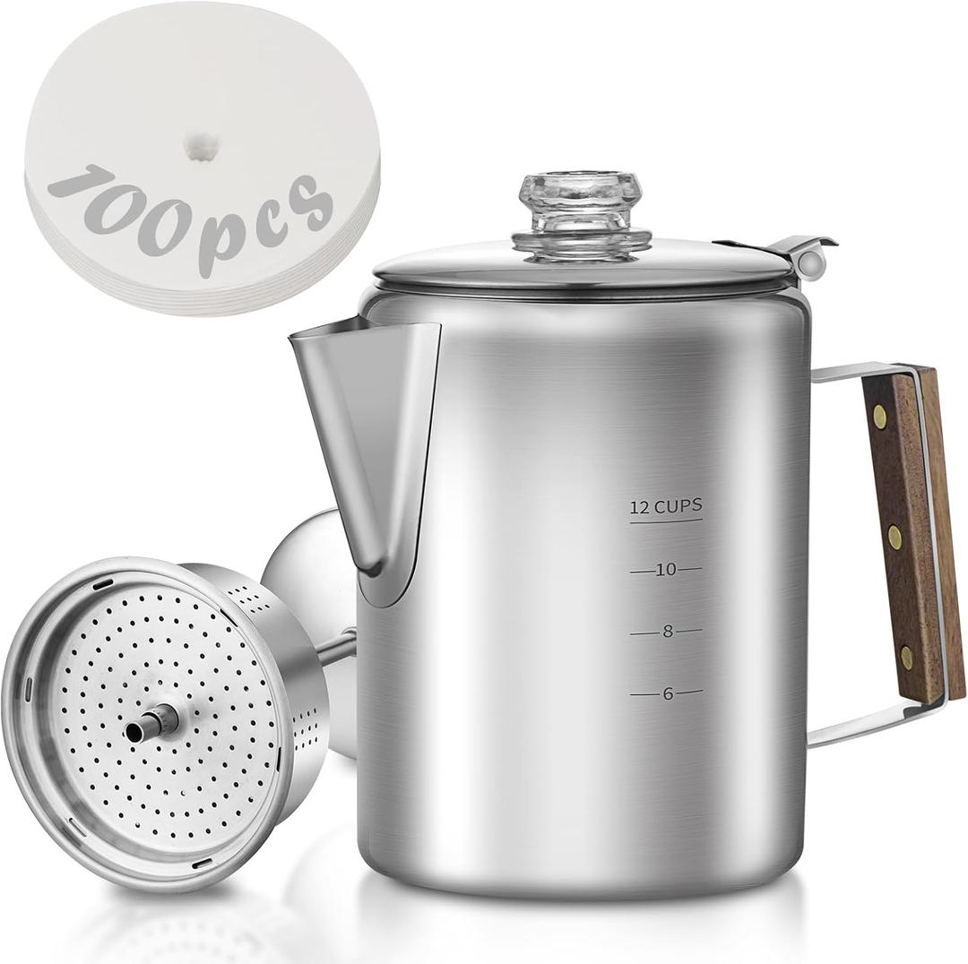 Coffee Percolator with 100pcs Coffee Filters - 12 Cups | Durable Stainless Steel Material Camping Coffee Pot| Brew Coffee On Fire, Grill or Stovetop | Ideal for Home, Camping
