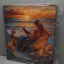 Mermaid Bathroom Wall Art, Mermaid Reading in Bathtubs Canvas Wall Decor, Rustic Coastal Sunset Framed Painting, Ocean Artwork for Living Room Bedroom 24L''  20W''