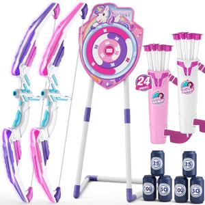 2 Pack Bow and Arrow for Kids 4-6, LED Light Up Archery Set with 24 Suction Cup Arrows, 1 Unicorn Standing Target, 6 Score Targets & 2 Quiver, Indoor Outdoor Sport for Girls Ages 8-12