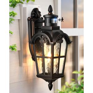 VIANIS Motion Sensor Outdoor Lights, 16.4" H Black Porch Light Outside Lantern with Gold Trim, Waterproof Dusk to Dawn Outdoor Lighting, Exterior Lighting Fixtures for House, Garden, Patio