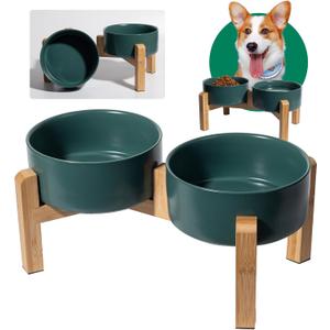 Elevated Ceramic Dog Bowl Set - Raised Dog Bowls with Non-Slip Bamboo Stand - Dog Food and Water Bowl Set - Double Dog Feeding Bowls - Suitable for Small and Medium Dogs - 28.74 OZ - 3.6 CUPS - 850 ML (Green)