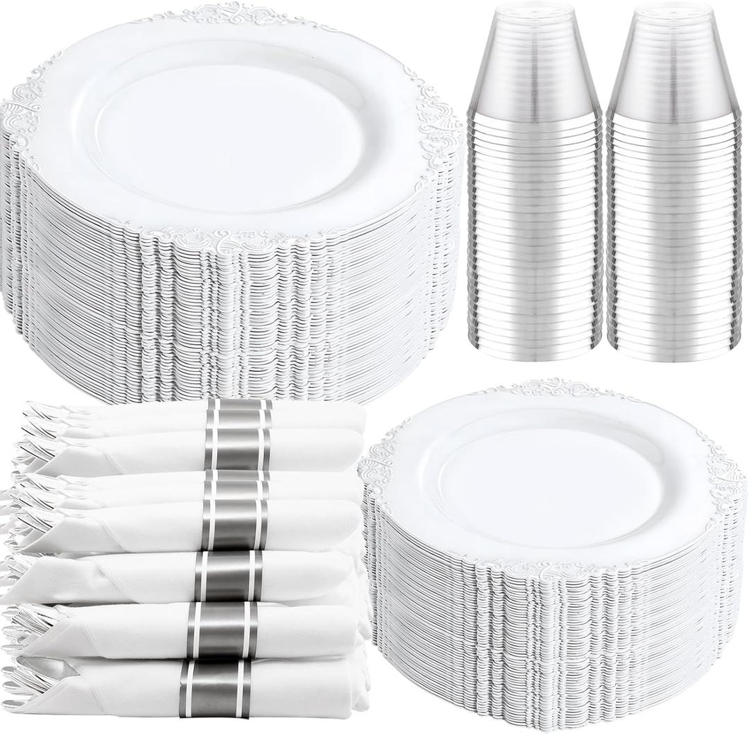 Liacere 350PCS Silver Plastic Plates&Pre Rolled Napkins for 50 Guests - Plastic Dinnerware Sets 100Silver Disposable Plates, 150Silver Silverware, 50Cups and 50Napkins for Wedding&Party