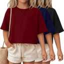 3 Pack Girls Short Sleeve Oversized Tops | Loose Fit, Crop Shirts, Cute, Rolled Sleeve, Crewneck, Round Neck, Summer, Baggy, Casual Tees, Solid, Plain, Versatile