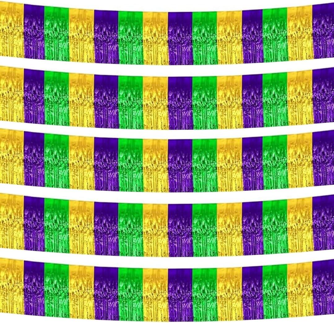 2 x 5 Pack 10 Feet Mardi Gras Foil Fringe Garland Mardi Gras Parade Float Fringe Metallic Streamers Tinsel Fringe Banner for Birthday Party Decor St Patrick Halloween Christmas Decoration