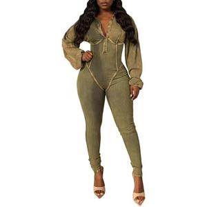 YAWJET Womens Distressed Long Sleeve Jumpsuits Sexy Ribbed Patchwork Bodycon Long Rompers Casual One Piece Outfits XL