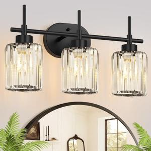 Meybiok Matte Black Vanity Light, 3-Light Crystal Modern Bathroom Lighting Fixtures Over Mirror, Black Bathroom Vanity Light (Bulbs Not Included)