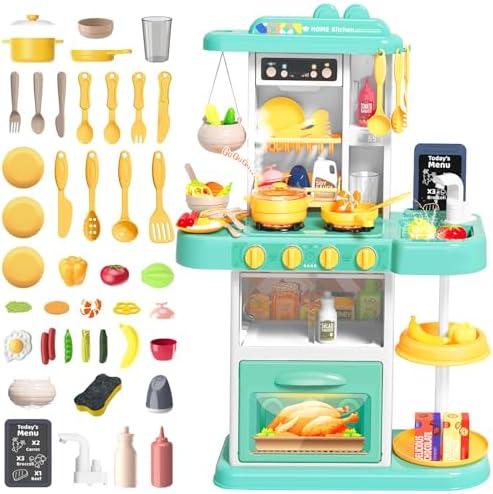 deAO Kids Kitchen Playset, 54 PCS Kitchen Toys for Toddlers with Realistic Lights & Sounds, Play Kitchen Pretend Play Fruit Vegetables for Boys Girls Birthady Gifts(Blue)