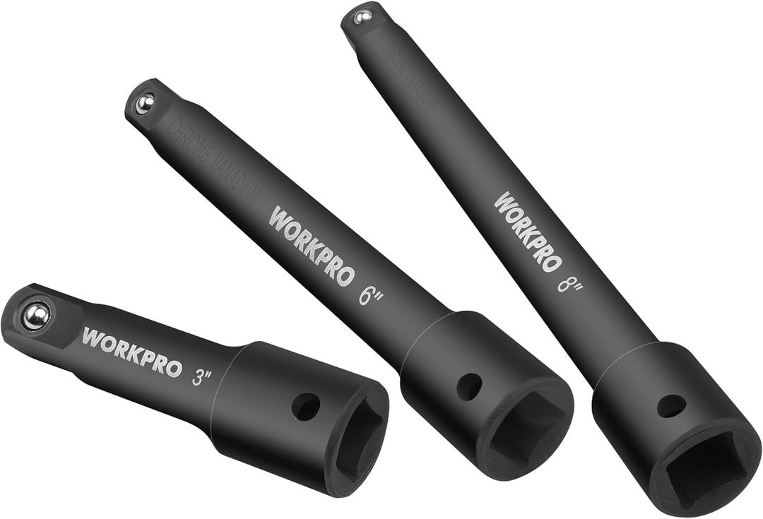 WORKPRO 1/2" Drive Impact Extension Bar Set, 3 PCS Socket Extensions, 3, 6 and 8 Length, Premium Chrome Vanadium Steel with Black Phosphate Finish