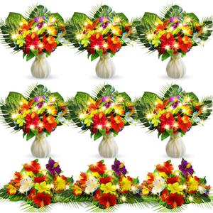 Hotop 36 Pcs Light up Hawaiian Flower Centerpieces for Tables Hibiscus Bouquet Palm Leaves and Light Up Centerpieces for Tables