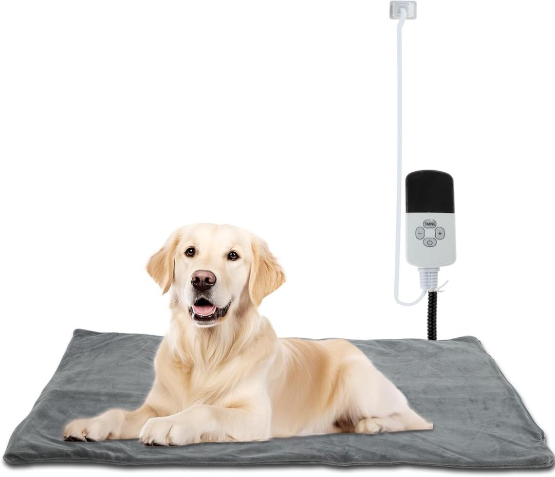 Pet Heating Pad, 9 Temperature Adjustable Electric Pet Mat with Timer, Indoor Waterproof Heated Dog Bed with Chew-Proof Cord, Grey, 18x28in