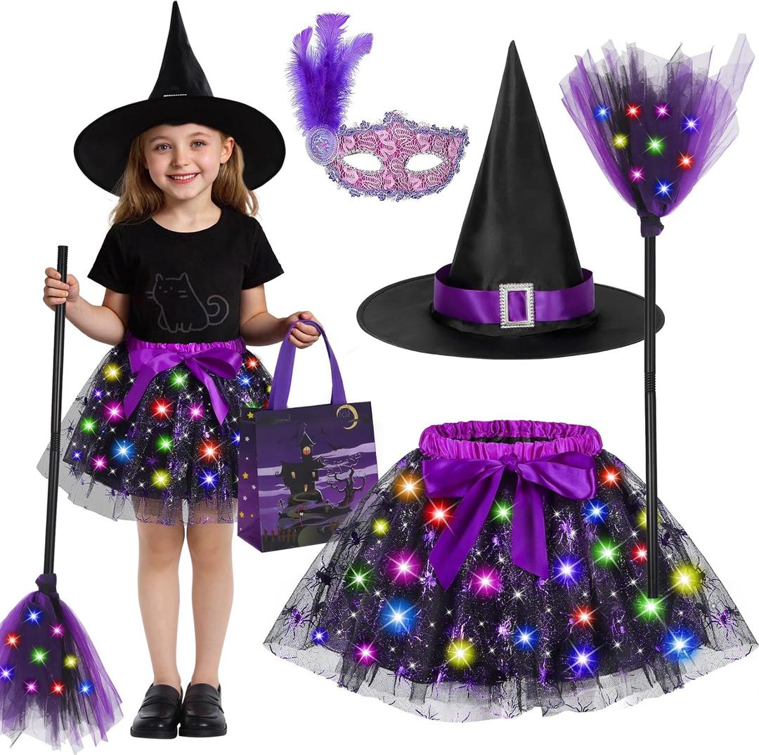 Halloween Costumes for Kids, Light Up Witch Toddler Halloween Costume with Hat, Skirt, Broom, Treat Bag, Mask for Girls (Purple)