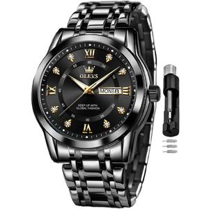 OLEVS Watch for Men Classic Business Dress Analog Quartz Stainless Steel Waterproof Luminous Date Diamond Men Silver Watch (all black watch 13)