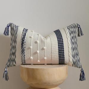 Boho Lumbar Pillow Cover 12x20 Navy Blue - Handmade Woven Textured Throw Pillow Case with Cordings & Tassels, Decorative Accent for Couch Sofa Farmhouse Living Room Home Decor