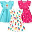 PATPAT Toddler Girl's Dress Ruffle Sleeve for Girl Pack of 2, Casual Dresses Set, size 6-7 years, Spring Polka Dots Short Sleeve Princess A-line Dress