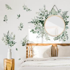 decalmile Botanical Green Leaves Wall Stickers Eucalyptus Leaf Plants Wall Art Decals Bedroom Living Room TV Background Wall Decor