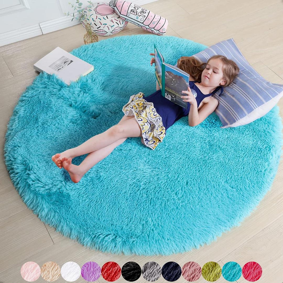 Amdrebio Blue Round Circle Rugs 6Ft for Kids Bedroom, Large Soft Fluffy Area Rug for Teen Girls Boys, Play Room Decor Aesthetic, Plush Shaggy Fuzzy Baby Carpet for Living Room Nursery Classroom Dorm