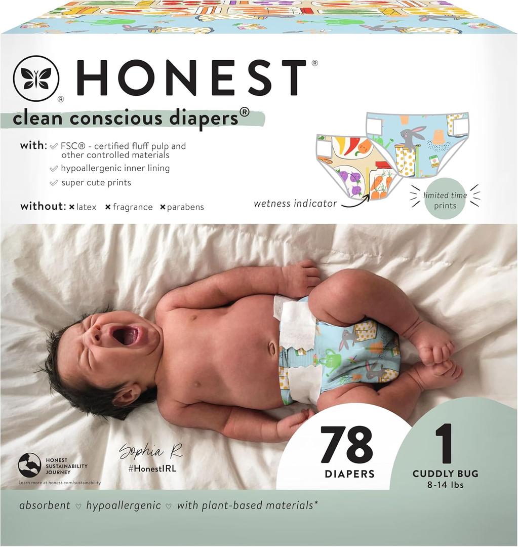 The Honest Company Clean Conscious Diapers for Sensitive Skin | Hypoallergenic, Fragrance Free | Spring '25 Limited Edition Prints | Club Box, Size 1 (8-14 lbs), 78 Count