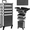 Professional Rolling Makeup Case with Wheels, 5-in-1 Makeup Train Case, Cosmetic Makeup Trolley Cart Travel Cosmetology Case On Wheels with Key for Hairstylists, Nail Tech(Black Crystal)