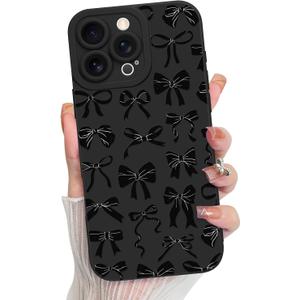 MZELQ for iPhone 16 Pro Max Case, Silicone Bow Paint Cute Pattern, Camera Protection Soft Slim Phone Case for Girls Women -Black