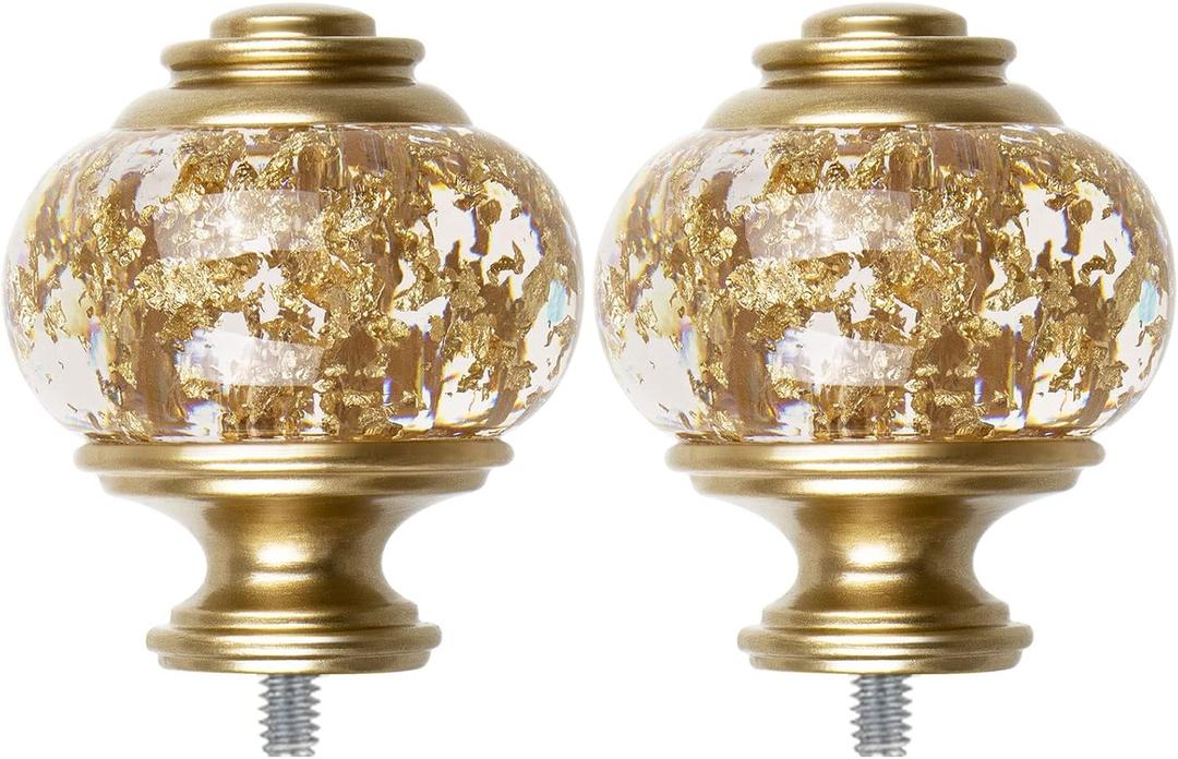 USFOOK 2 Pack Window Treatment Finials for 1 or 7/8 Inch Curtain Rods, Gold Drapery Rods Replacement Finials with M6 Screws(1/4 in), Translucent Finials Embedded with Gold Foil