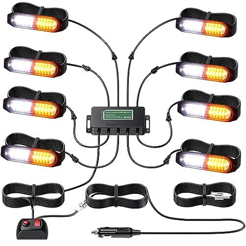 EYPINS LED Surface Mount Strobe Lights Kit,White Amber Flashing Car Truck Strobe Light,8pcs Surface Mount Emergency Warning Flashing Strobe Lights,30 Strobe Mode,Memory Function,12V,24V,Waterproof