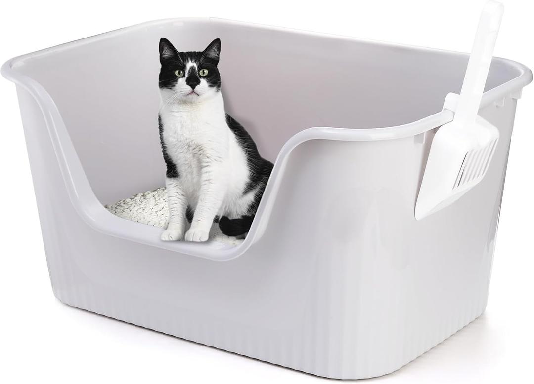 Extra Large Litter Box with Scoop, High Sides Cat Litter Boxs, Anti-Splashing Kitty Litter Box, Sturdy Plastic Open Air Litter Boxs, Free Assembly, 26"x18"x13"(Grey)