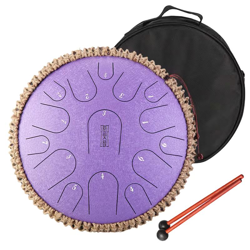 Steel Tongue Drum 12 Inches 15 Notes Musical Instruments, D Major Percussion Instrument with Soft Bag, Music Book and 2 Mallets for Meditation (Purple)