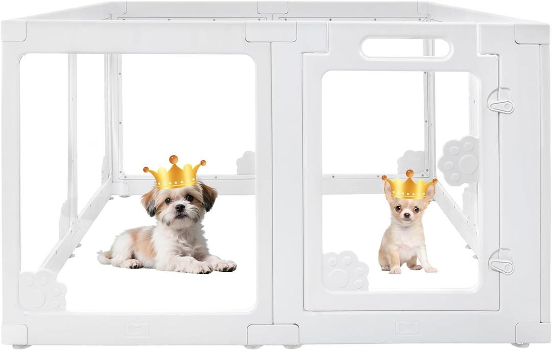 WICHEMI 8 Panel Indoor Dog Playpen, Acrylic Clear Puppy Playpen, 23.6" H Cat Play Pen with Double Door Lock, Paw Print Design Pet Playpen with Suction Cup, White